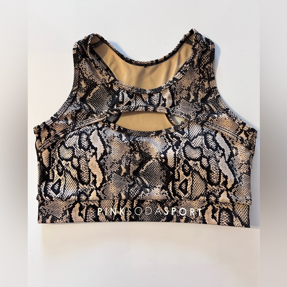 Pink Soda Sports Bra with Cut Out in Front Python Print Size Small